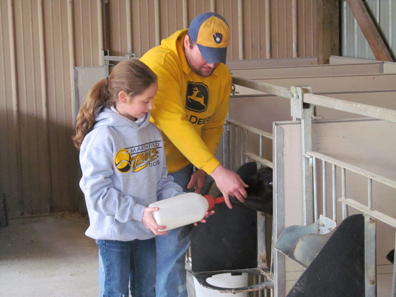 Young girl feeding a bottle of milk to a calf while being supervised by an adult